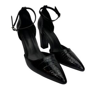 Black Vegan Leather Croc Embossed Sz9.5 Ankle Strap Pointed Toe Block Heel Pumps